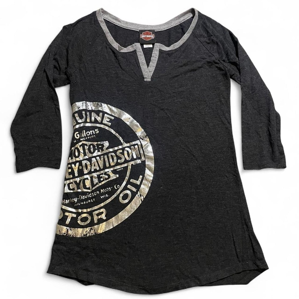Harley-Davidson Women’s “Miss Motor” 3/4 Sleeve Split V-Neck Raglan Shirt